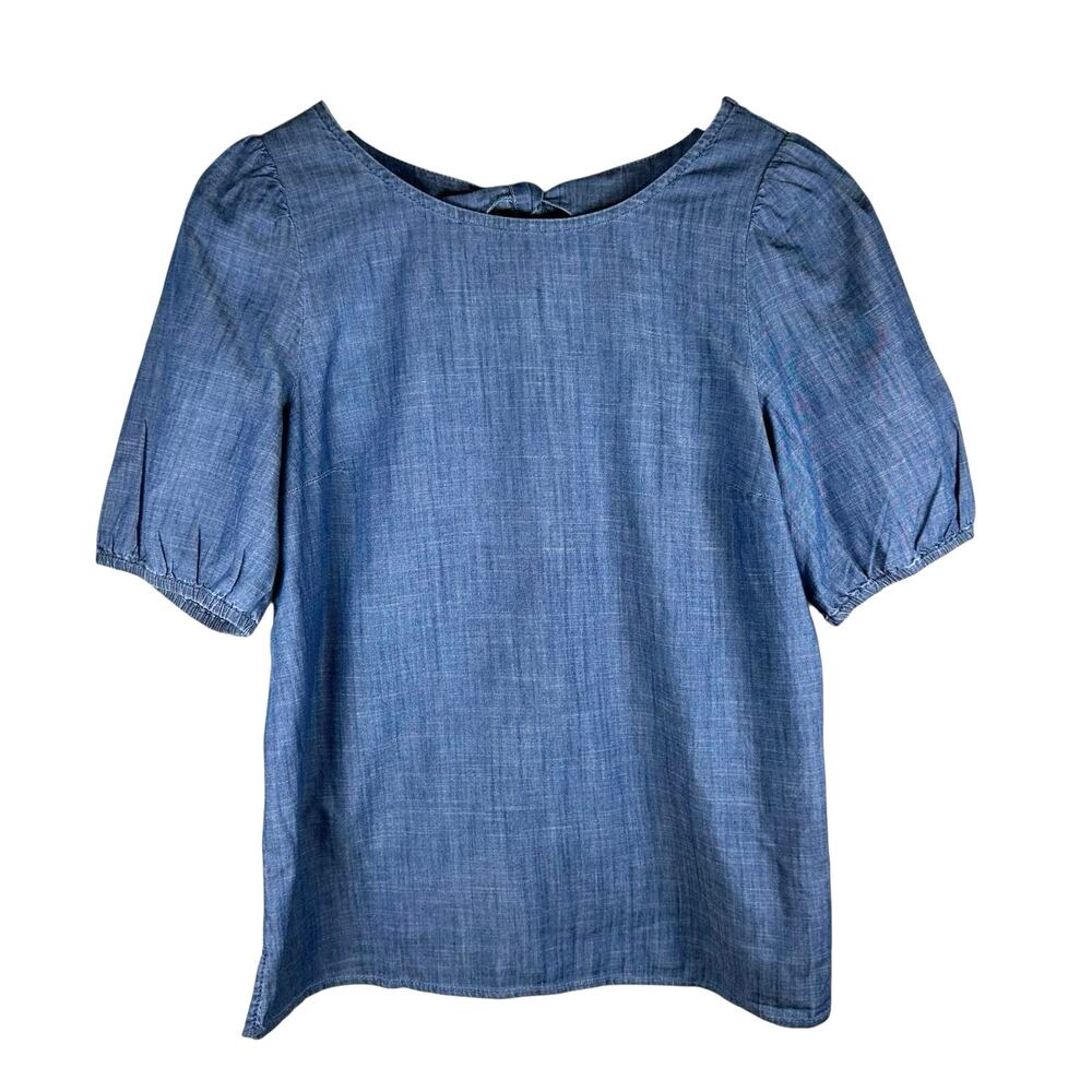 Talbots Petite Small Chambray Puff Sleeve Back Tie Bow Blue Boho Peasant Cottage